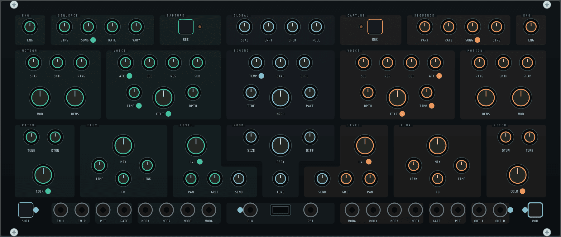 The current FireFlow VCV Rack plugin panel: one unbroken dark surface, its two mirrored decks marked by softly lit mint and orange fields with a neutral centre column between them.