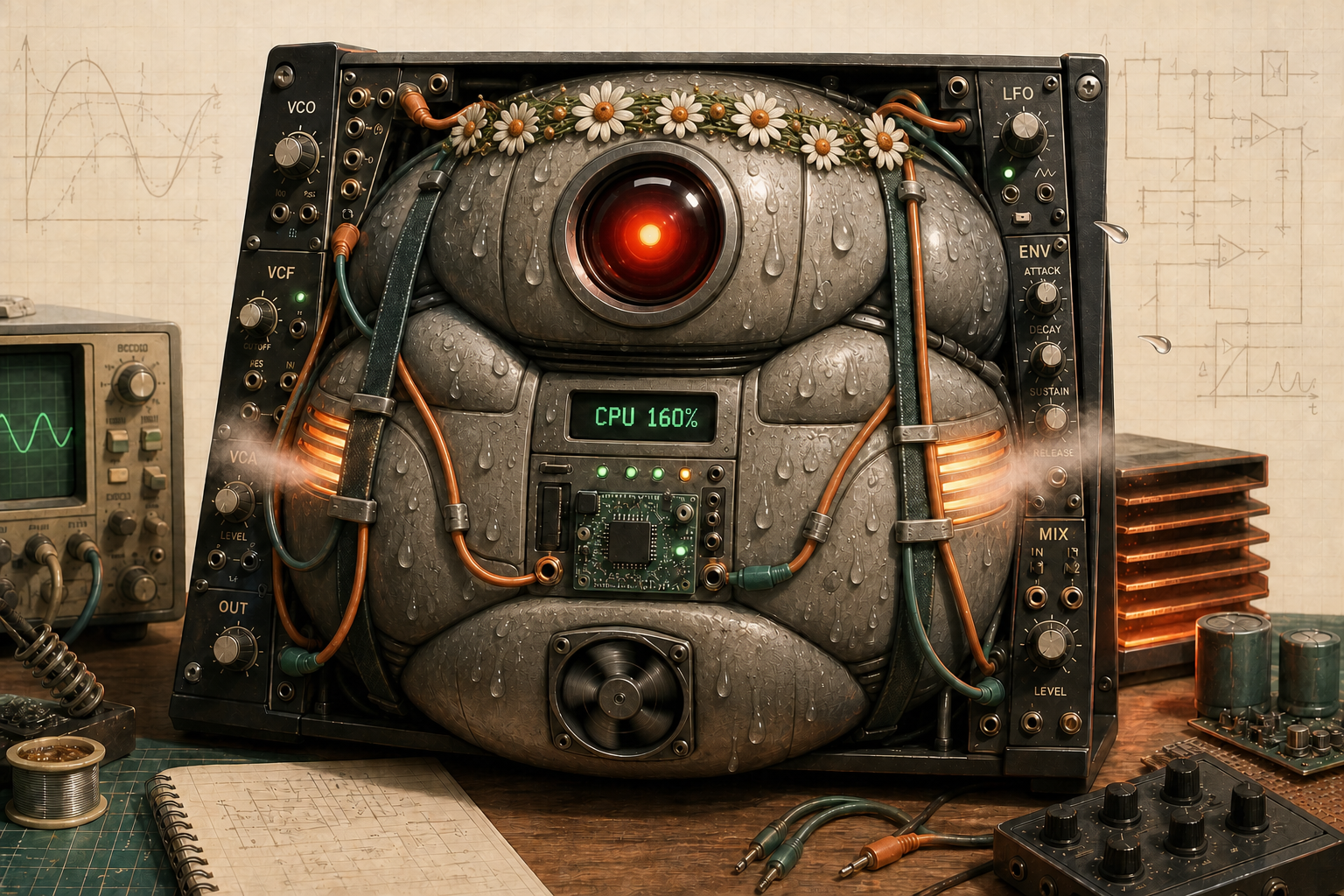 A bloated, sweating HAL 9000 wedged into a eurorack case, its red eye glowing, a display reading CPU 160%, patch cables strapped around it like belts, heat sinks glowing orange, and a chain of daisies draped over its head.