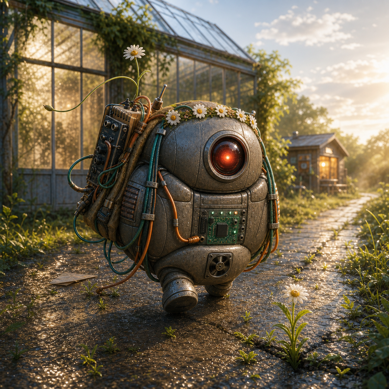 A small round robot with a red HAL-style eye and a crown of daisies walks away from an empty glasshouse on a cracked stone path in morning light, cables and a patch panel strapped to its back, one daisy growing out of them. The dropped envelope stays behind on the path; ahead the track runs on past a lit cabin, and daisies come up through the cracks.