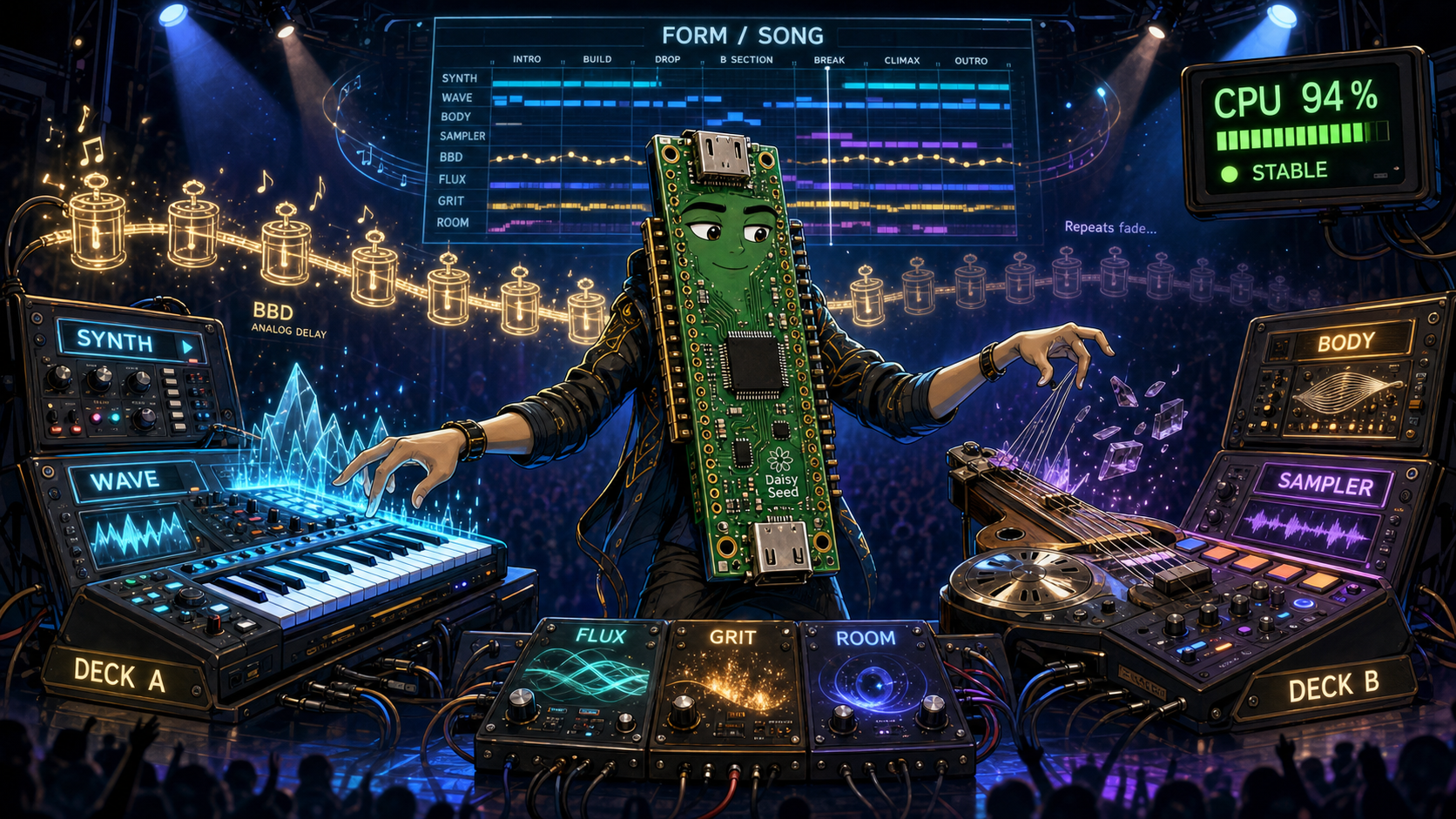 A Daisy Seed board drawn as a live performer on stage, playing DECK A with SYNTH and WAVE on its left and DECK B with BODY and SAMPLER on its right, FLUX, GRIT and ROOM as pedals in front; a glowing chain of capacitors labelled BBD ANALOG DELAY fades out to one side, a FORM / SONG arrangement timeline runs overhead, and a meter reads CPU 94% STABLE.