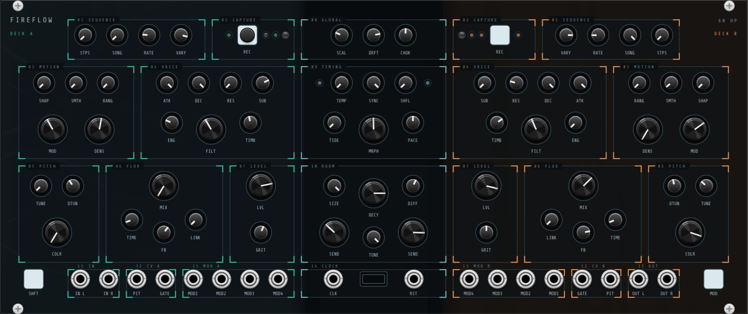 The 60 HP panel redrawn dark: a near-black plate that shades cool blue-black under the left deck and warm brown-black under the right, with the centre column darkest of all. Nothing is filled in any more — every group is marked only by thin corner brackets, mint green on the left deck, orange on the right, pale blue in the centre, each carrying a small numbered legend along its top edge. FIREFLOW is set in the top left corner with DECK A beneath it, 60 HP in the top right with DECK B beneath. The knobs are dark discs with a single white pointer. The left deck reads #01 SEQUENCE with STPS, SONG, RATE and VARY; #02 CAPTURE with a black REC button and four lamps; #03 MOTION with SHAP, SMTH and RANG over large MOD and DENS; #04 VOICE with ATK, DEC, RES and SUB over ENG, a large FILT and TIMB; #05 PITCH with TUNE, DTUN and a large COLR; #06 FLUX with a large MIX over TIME, FB and LINK; #07 LEVEL with LVL over GRIT. The right deck mirrors it, orange, its REC button pale instead of black. The centre column runs #08 GLOBAL with SCAL, DRFT and CHOK; #09 TIMING with TEMP, SYNC and SHFL over TIDE, a large MRPH and PACE; #10 ROOM with SIZE, a large DECY and DIFF over SEND, TONE and SEND. Along the bottom, framed the same way: a blank white SHFT button, #11 IN with IN L and IN R, #12 CV A with PIT and GATE, #13 MOD A with MOD1 to MOD4, #14 CLOCK with CLK, a card slot and RST, then the mirrored #13 MOD B, #12 CV B, #15 OUT with OUT L and OUT R, and a blank white MOD button.