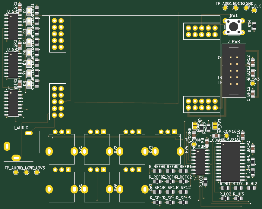 A render of a dark green four-layer circuit board seen from the front. Along the left edge sit three black SOIC chips in a column, each with a row of small green LEDs beside it. The middle of the board is a large empty rectangle outlined in white with four blocks of gold header pads inside it — the footprint the Daisy Patch Submodule seats into. Top right there is a square tactile switch, a row of round gold test points, and a tall shrouded ten-pin header marked J_PWR with four small capacitors squeezed between it and the board edge. The bottom third carries seven white potentiometer outlines in two rows, each with three gold through-holes, a 3.5 mm jack footprint at the far left, and at the far right two more black chips — a narrow eight-channel one and a wide twenty-four-pin one — surrounded by dozens of tiny two-pad resistor footprints labelled R_HI, R_LO and R_SP.