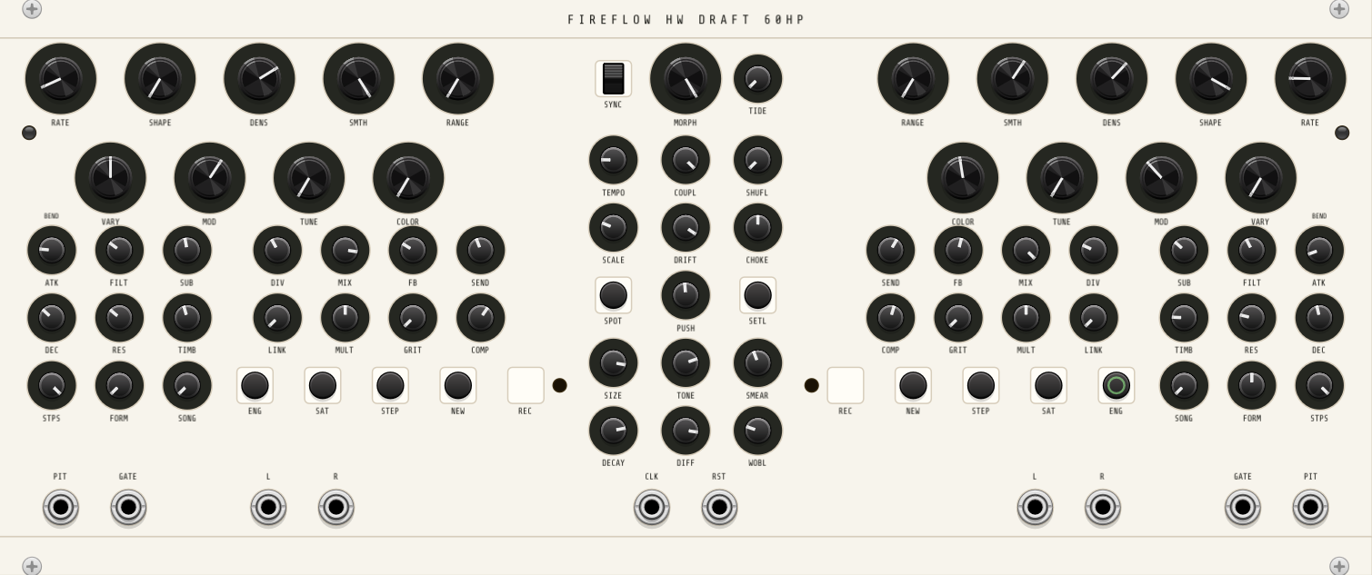 The 60 HP hardware draft running as a module: a bare cream plate with the title FIREFLOW HW DRAFT 60HP set in monospace across the top. Two identical decks are mirrored left and right — a row of five large knobs, an offset row of four more, then two rows of small knobs and a row of square pads, each labelled with a five-letter monospace abbreviation. A three-column centre strip carries the clock, scale and reverb controls. Ten jacks sit in a single row along the bottom, and one pad on the right deck is lit green. There are no sector tints, no groupings, no logo and no graphics of any kind.