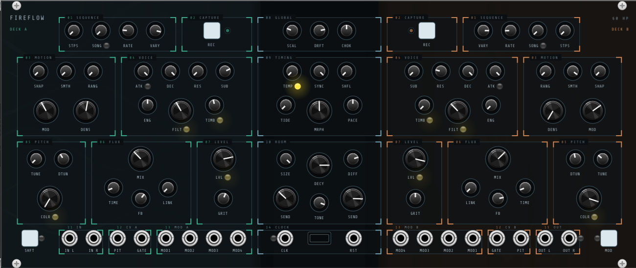 The dark 60 HP hardware panel running in VCV Rack, now with lamps in its knob captions. FIREFLOW and DECK A sit in the top left, 60 HP and DECK B in the top right; the left deck is framed in mint green corner brackets, the right in orange, the centre column in pale blue. Small round lamps now sit beside the captions of SONG, TIMB, FILT, COLR and LVL on both decks, beside ATK on both decks, beside TEMP in the timing group, beside the REC buttons, at the CLK jack, outboard of OUT R, and on the blank SHFT and MOD pads in the bottom row. Most of them are unlit or barely glowing; the four modulation lamps on each deck carry a faint yellow halo, and the lamp at TEMP is fully lit bright yellow on the beat. The two lamps that used to sit beside the REC buttons for the deleted capture feature are gone.