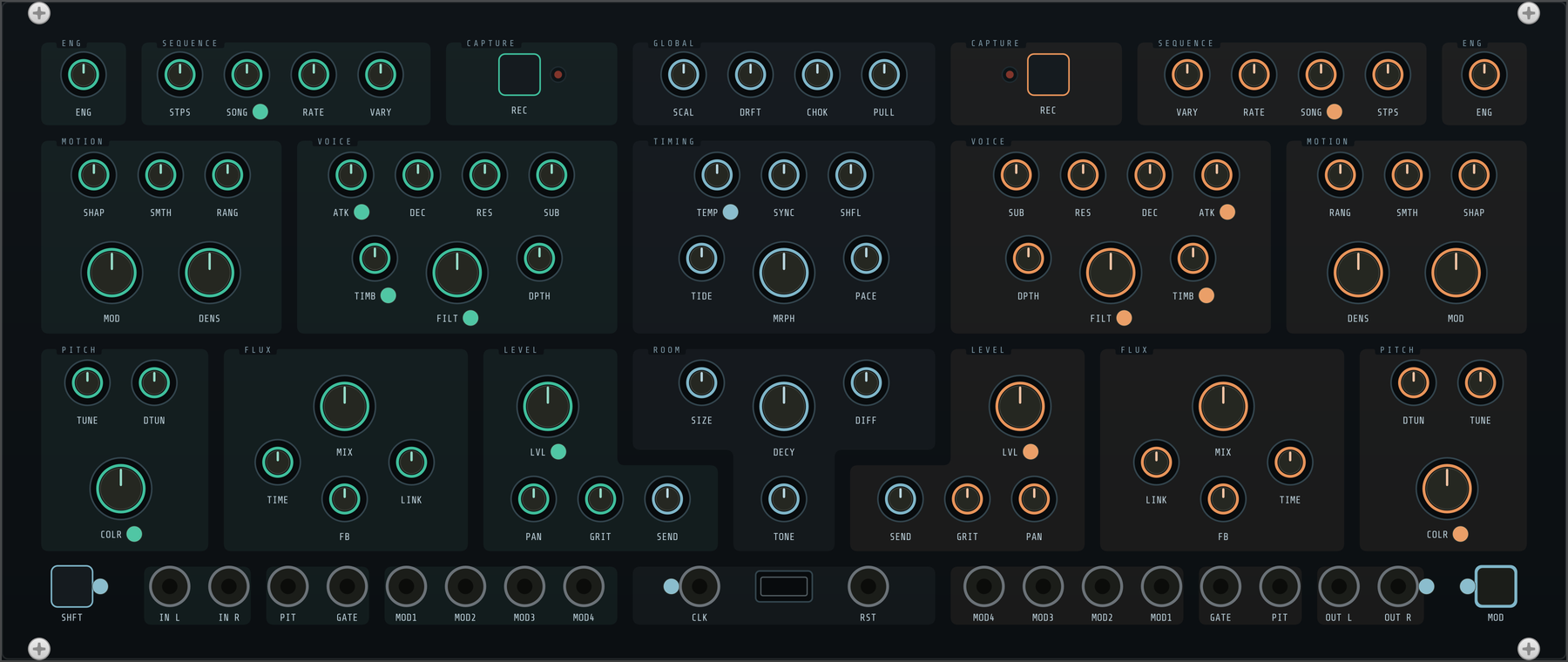 The 60 HP hardware plate as one unbroken dark surface, with no dashed frames and no printed silhouette. Groups are marked instead by softly lit rounded fields: mint-green ones across deck A on the left, orange ones across deck B on the right, and neutral blue-grey ones down the centre for GLOBAL, TIMING and ROOM. Every knob is a dark cap with a thin accent collar and a single white pointer in its group's colour; small lamps sit beside ATK, FILT, TIMB, SONG, COLR and LVL. The bottom band of each LEVEL group reaches sideways past the deck edge as an L to hold SEND, so deck A reads PAN GRIT SEND and deck B reads SEND GRIT PAN. Along the bottom a single row of dark jacks with pewter rings carries no group legends at all, only the caption under each socket, with a square SHFT keycap at the far left and a square MOD keycap at the far right.