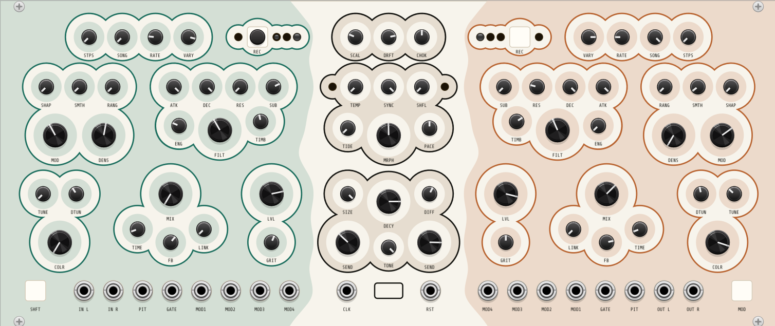 The current state of the 60 HP panel: the same three zones — sage green on the left, cream in the middle, dusty copper on the right — but the boundaries between them are no longer straight. Each zone edge curves and bulges, so the decks flow into one another rather than meeting at a line. Inside them every cluster of knobs still sits in a soft cream well outlined in green on the left and copper on the right, the outlines bulging around each knob like clouds. The left deck reads STPS, SONG, RATE and VARY beside a REC button and its lamps; SHAP, SMTH and RANG beside ATK, DEC, RES and SUB; large MOD and DENS knobs beside ENG, a large FILT and TIMB; then TUNE and DTUN over COLR, a large MIX over TIME, FB and LINK, and LVL over GRIT. The right deck mirrors it. The centre column reads SCAL, DRFT and CHOK, then TEMP, SYNC and SHFL, then TIDE and PACE flanking a large MRPH, then SIZE over a large DECY and DIFF, then SEND, TONE and SEND. Along the bottom sit a blank white SHFT button, IN L, IN R, PIT, GATE and MOD1 to MOD4 on the left, CLK, a white card slot and RST in the middle, and the mirrored MOD4 to MOD1, GATE, PIT, OUT L, OUT R and a blank MOD button on the right.