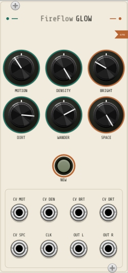 A screenshot of Glow running in VCV Rack: a 12 HP cream panel bolted into the rails, FireFlow in light grey and GLOW in bold across the top, a copper ALPHA pennant on the right edge, six dark knobs in two rows of three — MOTION, DENSITY and BRIGHT above DIRT, WANDER and SPACE, ringed teal except BRIGHT and SPACE in copper — each one sitting at a different angle, an unlit NEW button below them, and a block of eight jacks: CV MOT, CV DEN, CV BRT, CV DRT over CV SPC, CLK, OUT L, OUT R.