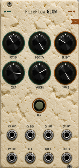 The same panel again, knob for knob, except the cream faceplate has been replaced by a crumbly off-white block of tofu — pitted, damp-looking, with the knobs and jacks pressed into it.