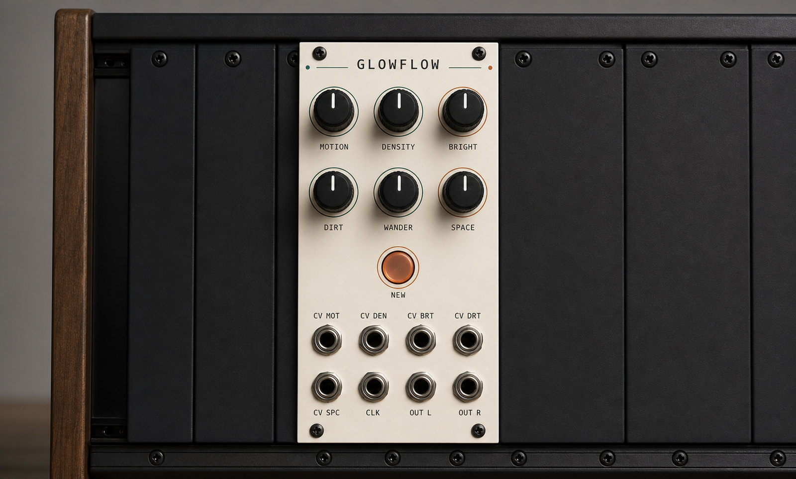 A mockup of the GlowFlow module seated in a walnut eurorack case between blank panels: a cream 12 HP faceplate with the name across the top, six black knobs in two rows of three ringed in teal and copper and labelled MOTION, DENSITY, BRIGHT, DIRT, WANDER, SPACE, a lit copper NEW button below them, and eight jacks in two rows — CV MOT, CV DEN, CV BRT, CV DRT over CV SPC, CLK, OUT L, OUT R.